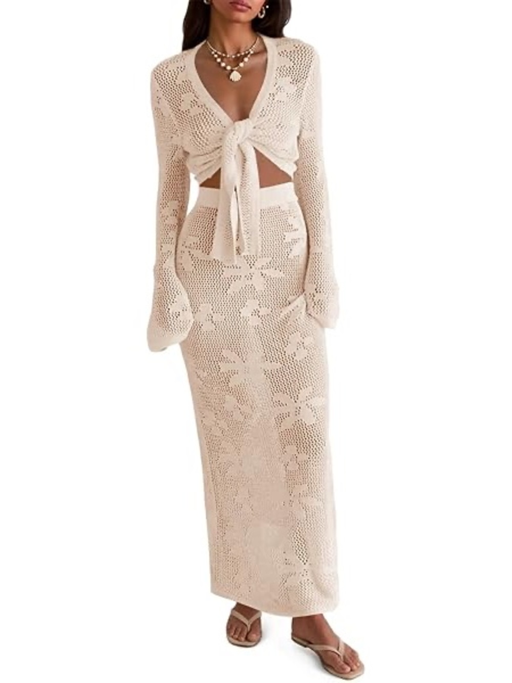 Knit Tie-Front Crochet Maxi Swim Coverup Set in Cream